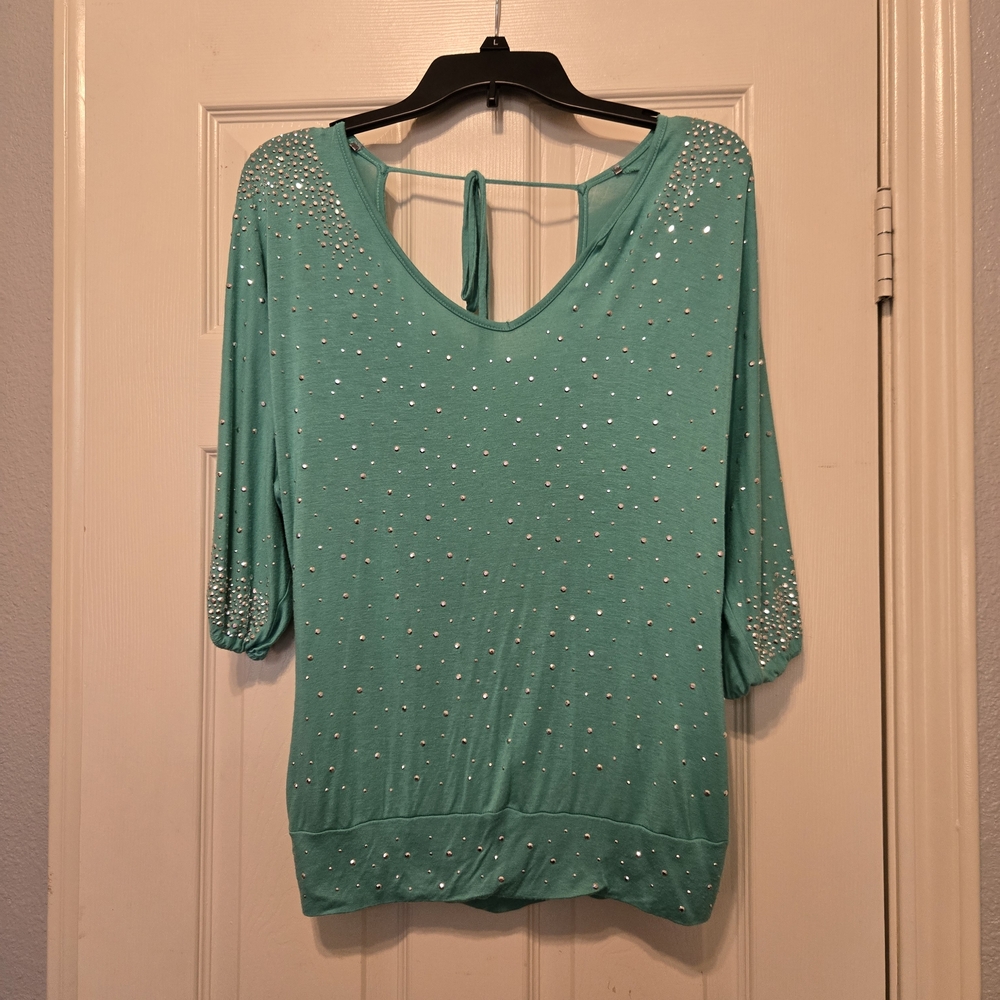 BKE Aqua Turquoise V-Neck Rhinestone-Embellished Women's Top